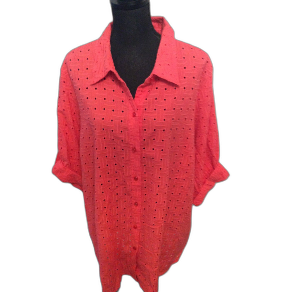 Joan Rivers Plus size 2X Short Sleeve Eyelet Boyfriend Pink Button Up Top